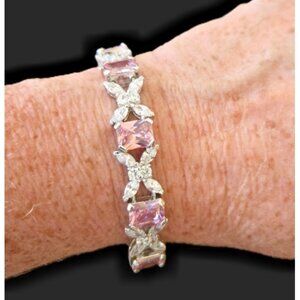 Sterling Silver Emerald Cut Pink & Clear CZ Tennis Bracelet Vintage 7 Inch 31g